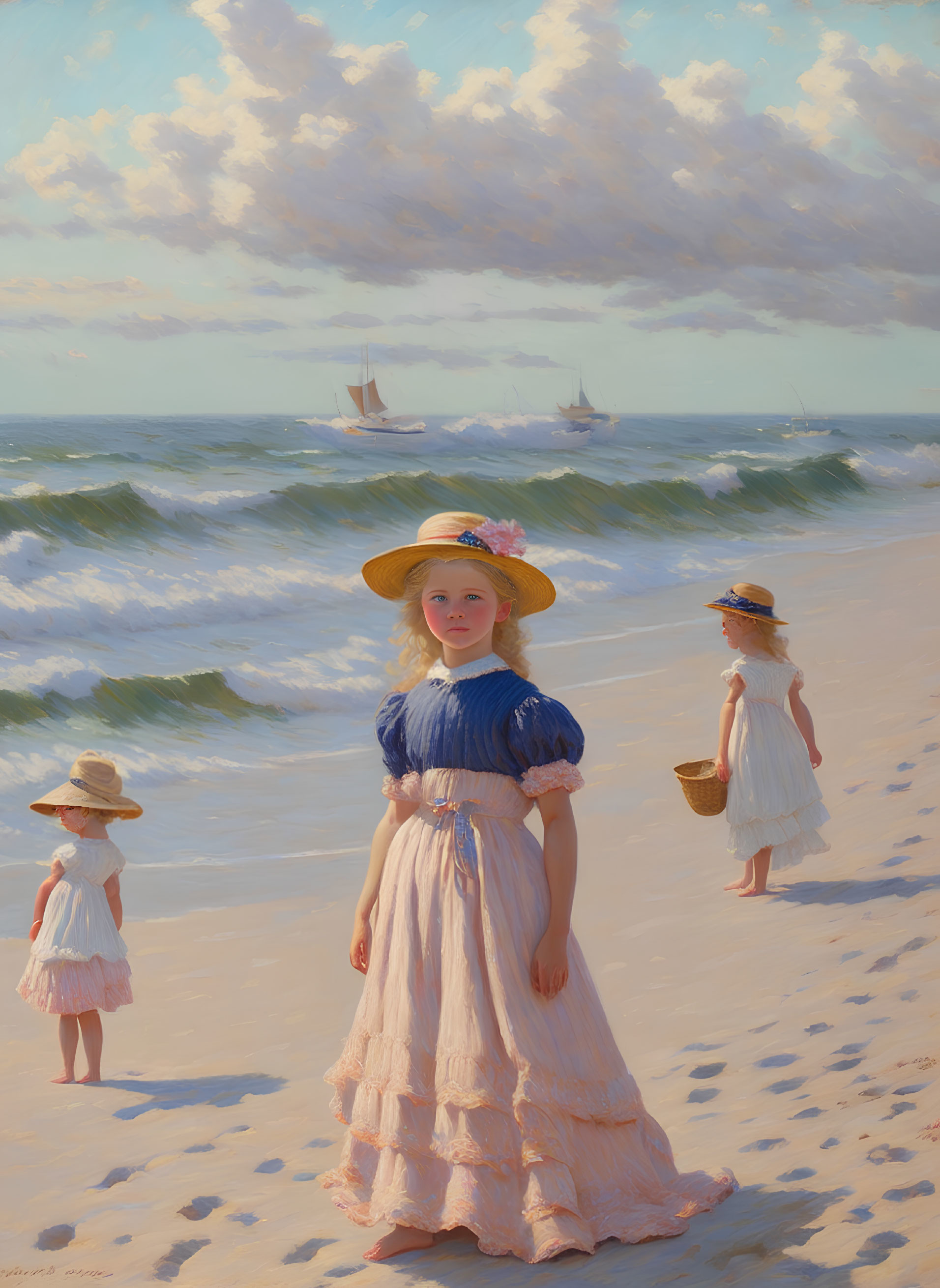 Vintage beach painting: Three girls in dresses, one in blue hat, on beach with seascape