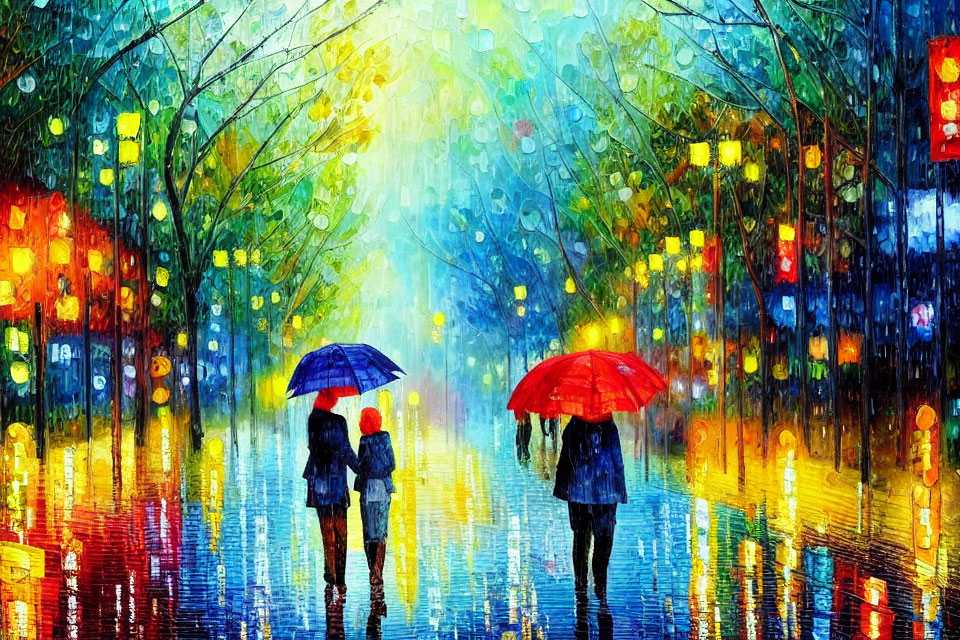 Two individuals with umbrellas walking on a colorful, rain-soaked street at night.