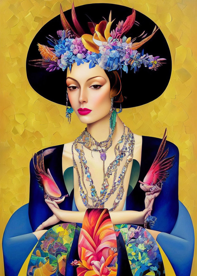 Colorful digital art of woman with ornate hat, jewelry, and birds.