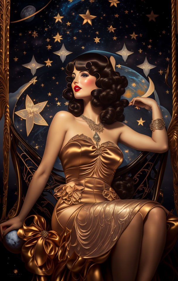 Dark-haired woman in golden gown against starry night backdrop