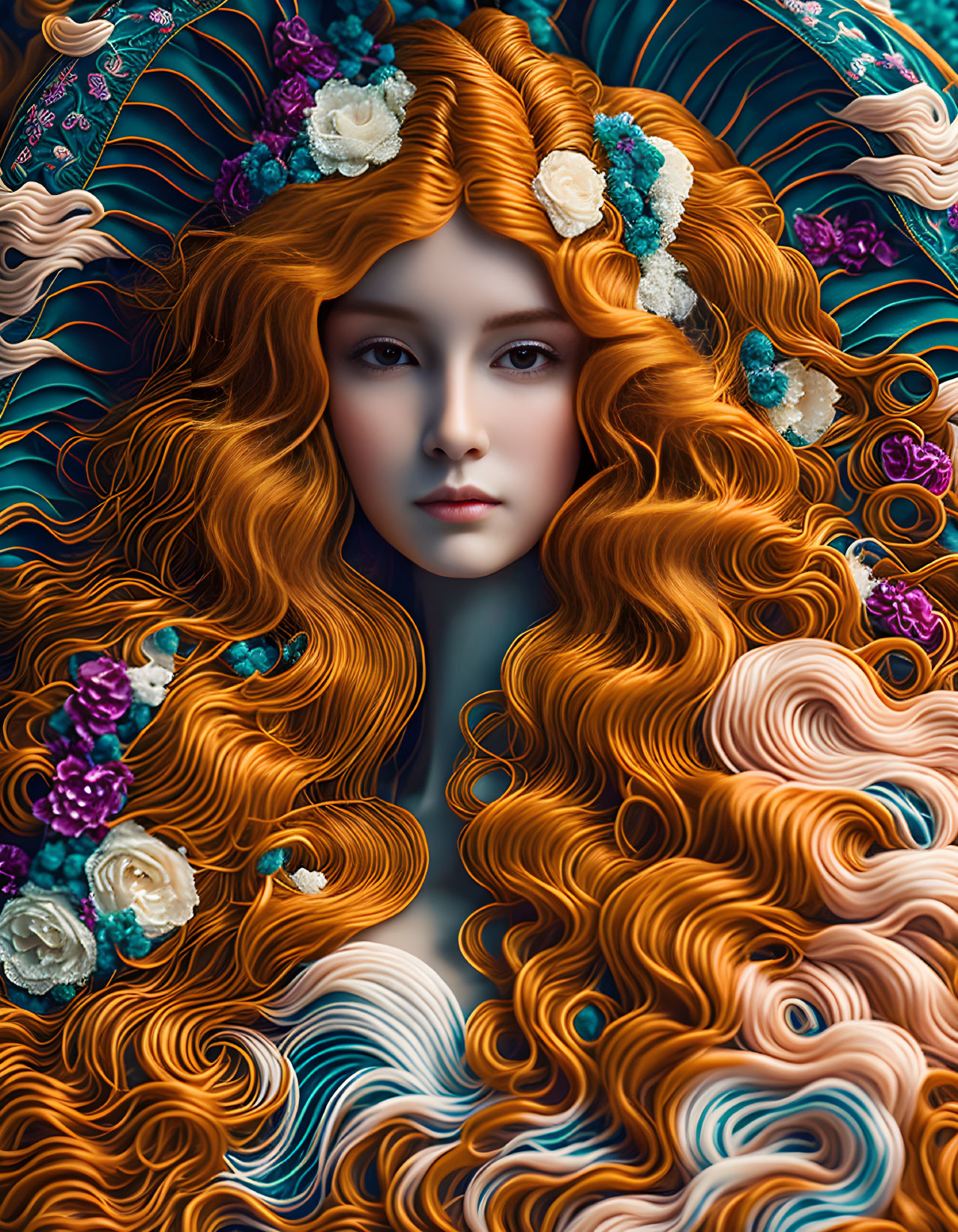 Digital artwork: Woman with orange hair and floral adornments on teal background