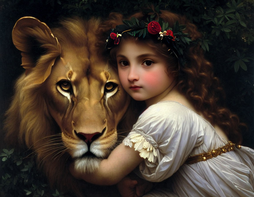 Classic Style Painting: Girl with Floral Crown and Majestic Lion