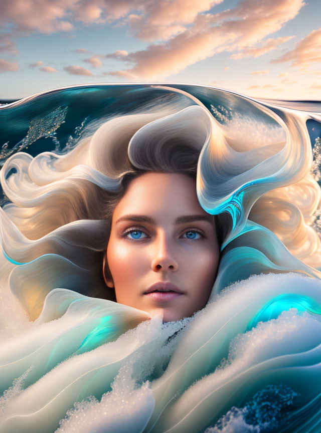 Surreal portrait: Woman's face merges with ocean waves, blue eyes, flowing hair.