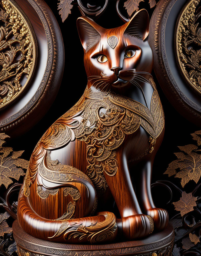 Intricate digital cat art with gold and wood textures on dark patterned background