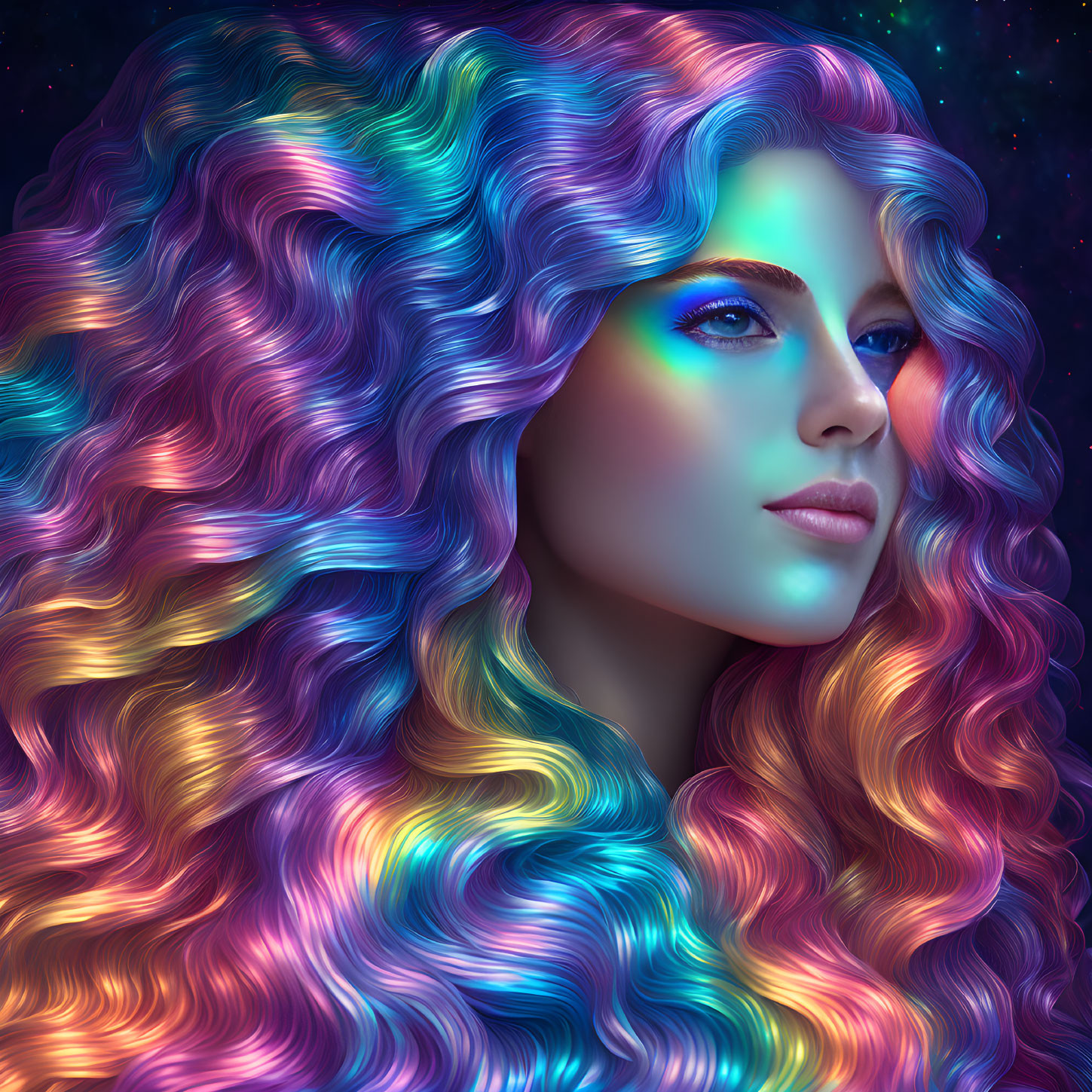 Colorful portrait of woman with wavy neon-lit hair.