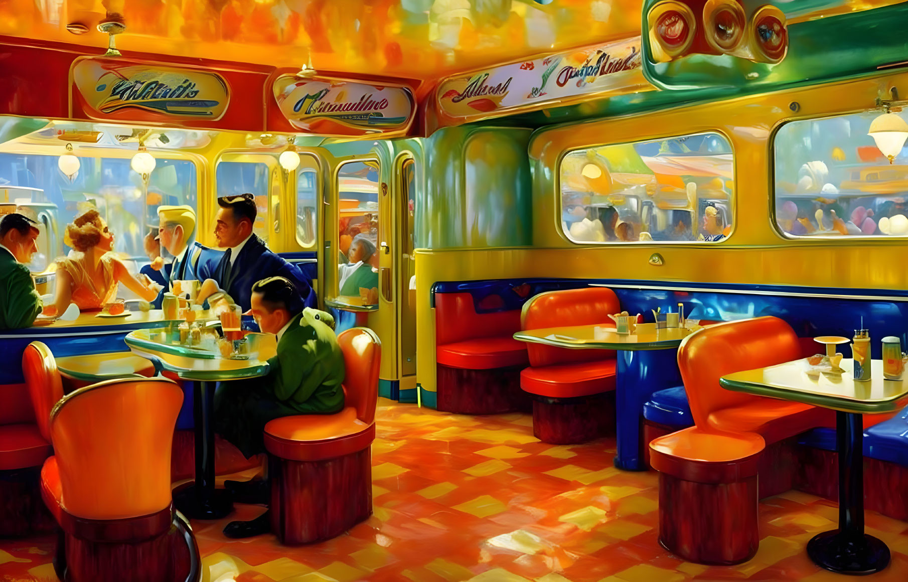 Colorful Retro Diner Scene with Patrons, Waitstaff, and Nostalgic Interior