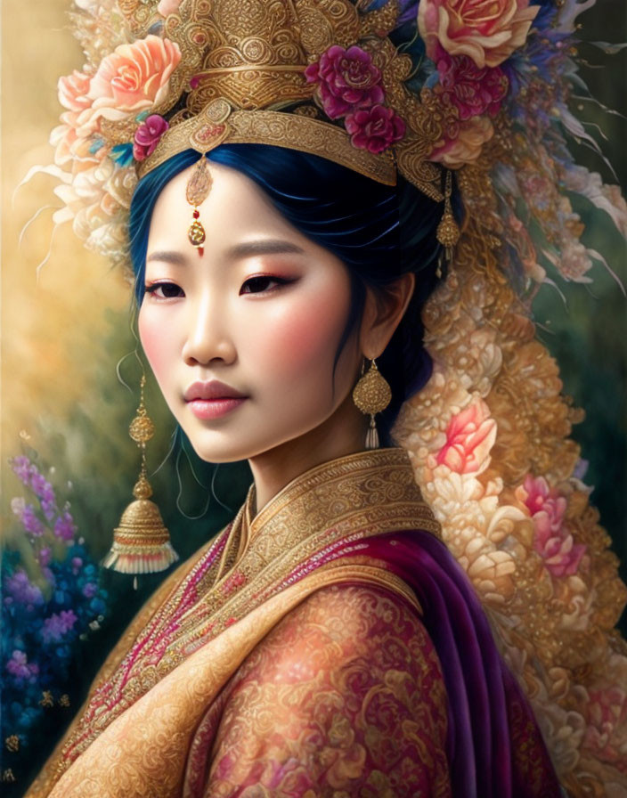 Elaborate Woman Portrait with Floral Headdress & Traditional Dress