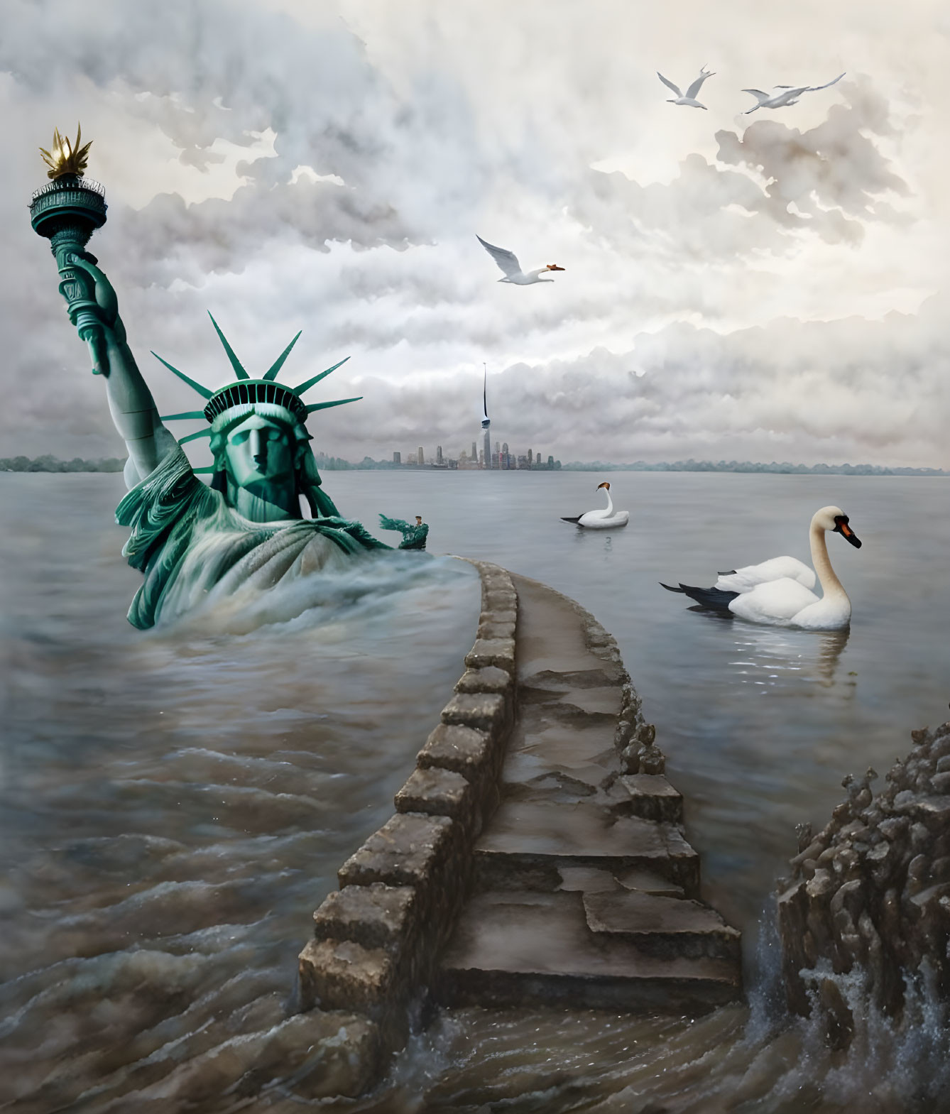 Iconic Statue of Liberty partially submerged with swans, stone path, and distant city skyline under cloudy