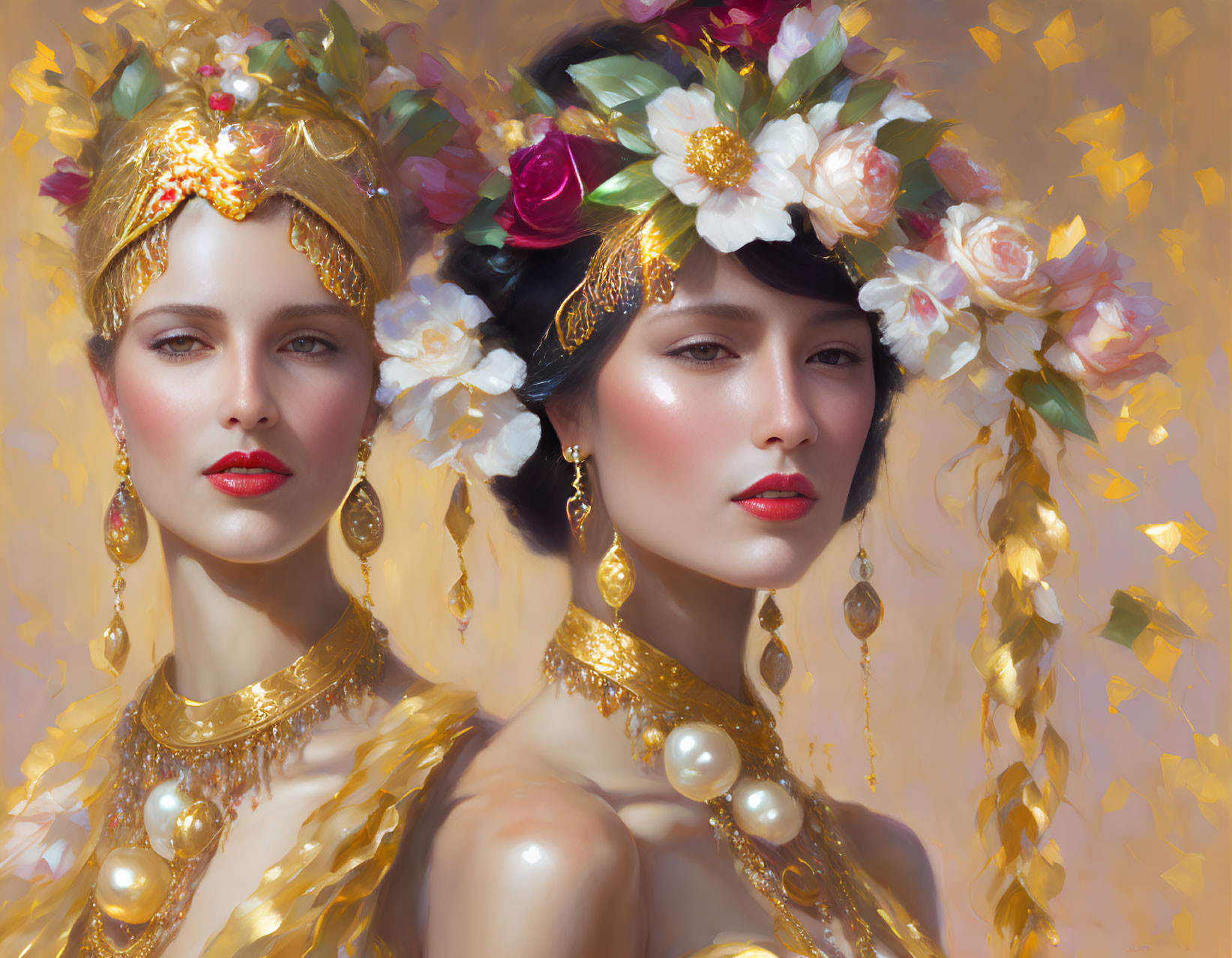 Women in elaborate floral headdresses and gold jewelry on golden bokeh background