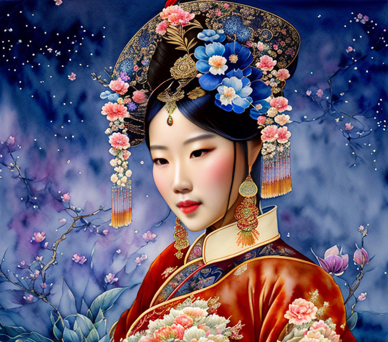 Traditional East Asian woman in elegant attire with floral patterns and intricate headpiece against blue blossoms.