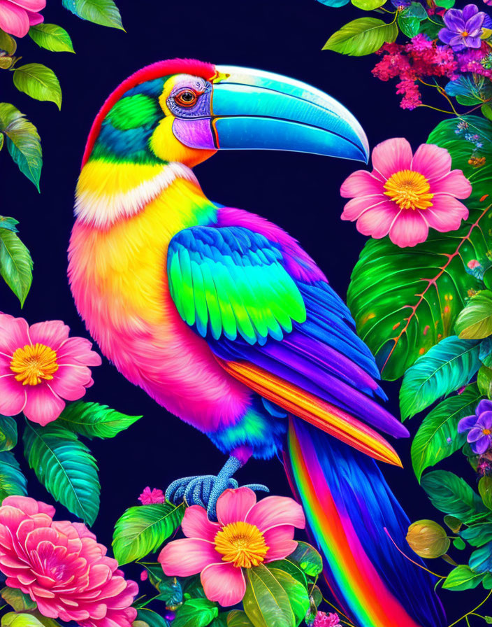 Colorful Toucan Illustration Among Lush Flowers