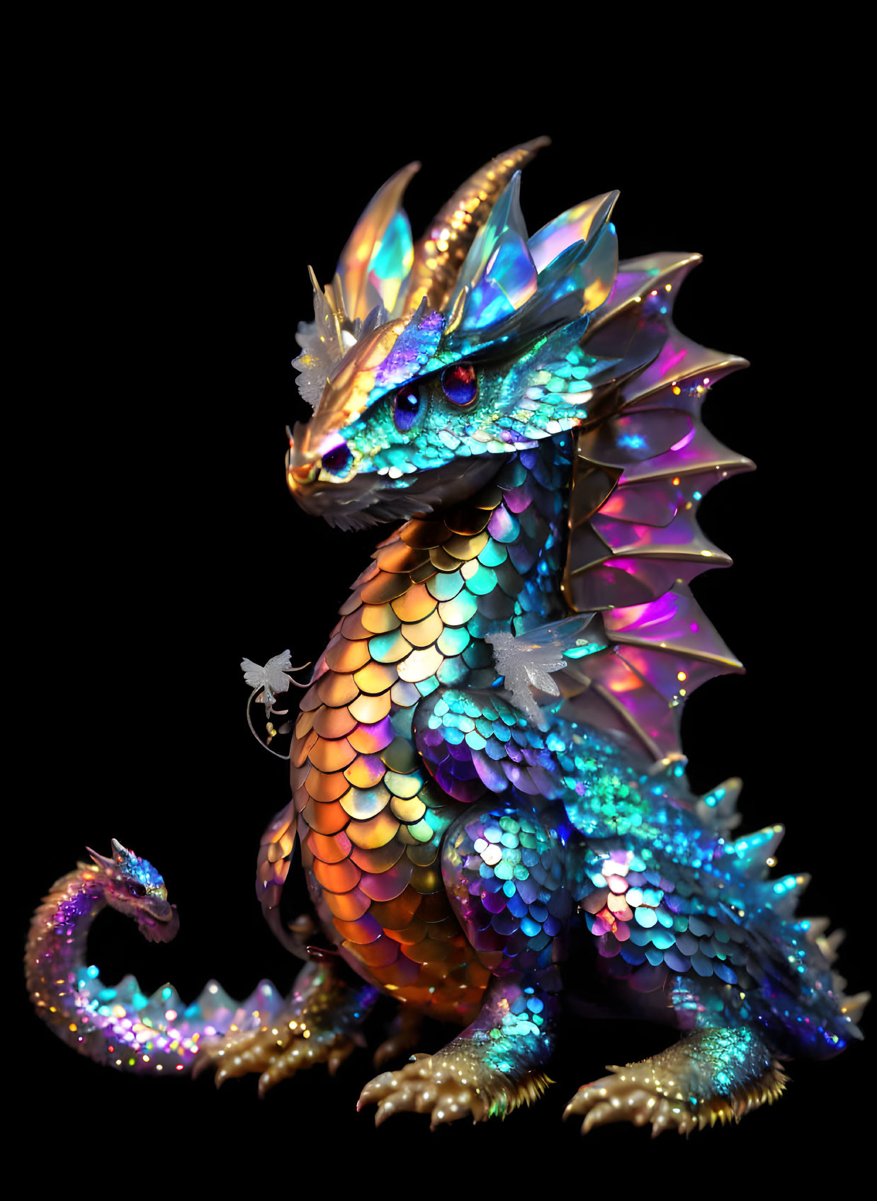 Colorful Dragon with Horns & Spiky Wings on Black Background