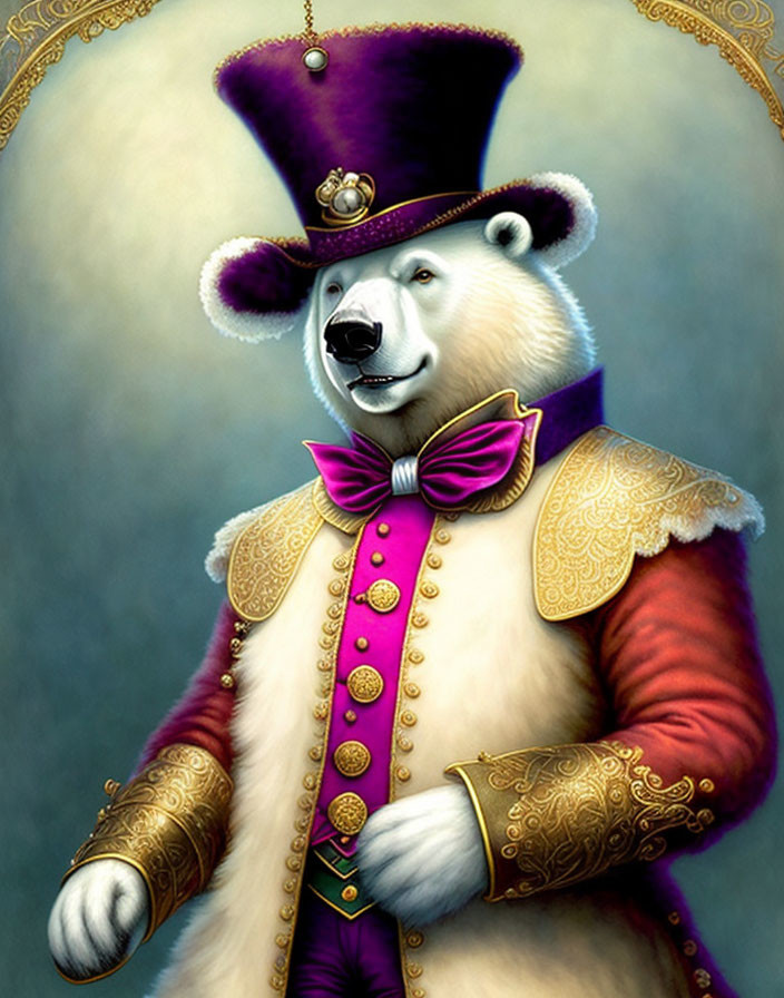 Anthropomorphic polar bear in purple Victorian attire with top hat and epaulettes