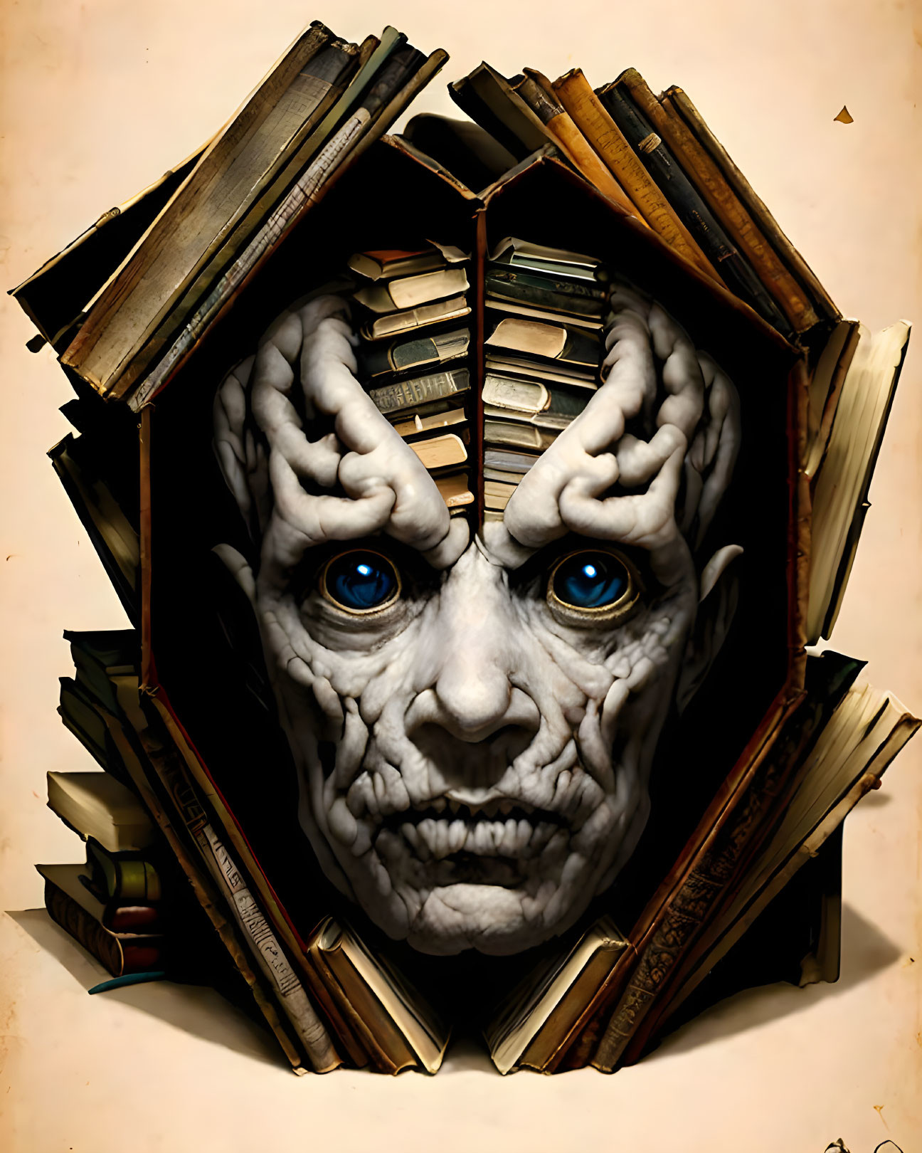 Illustration of face with blue eyes and textured skin surrounded by heart-shaped old books