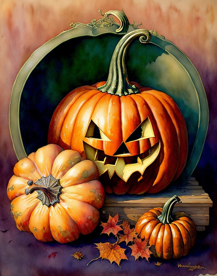 Carved jack-o'-lantern pumpkin with menacing smile among smaller pumpkins and autumn leaves