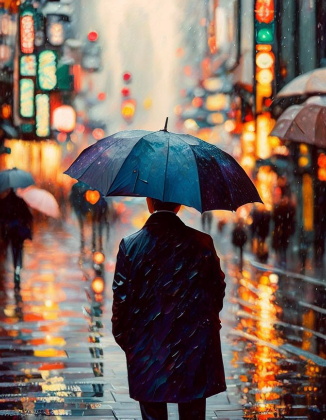 Person standing on wet city street at night with blue umbrella and glowing lights.