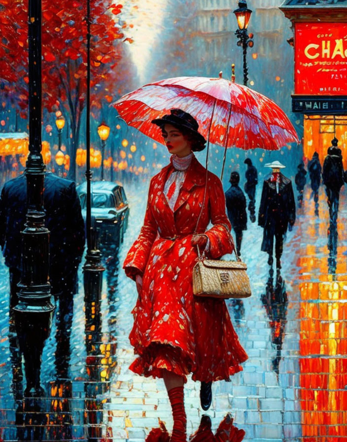 Woman in red dress with polka-dotted umbrella on rain-soaked street