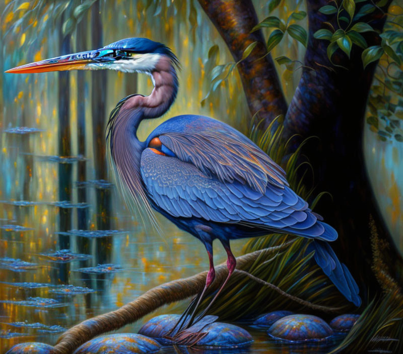 Detailed painting of a great blue heron in serene wetland setting