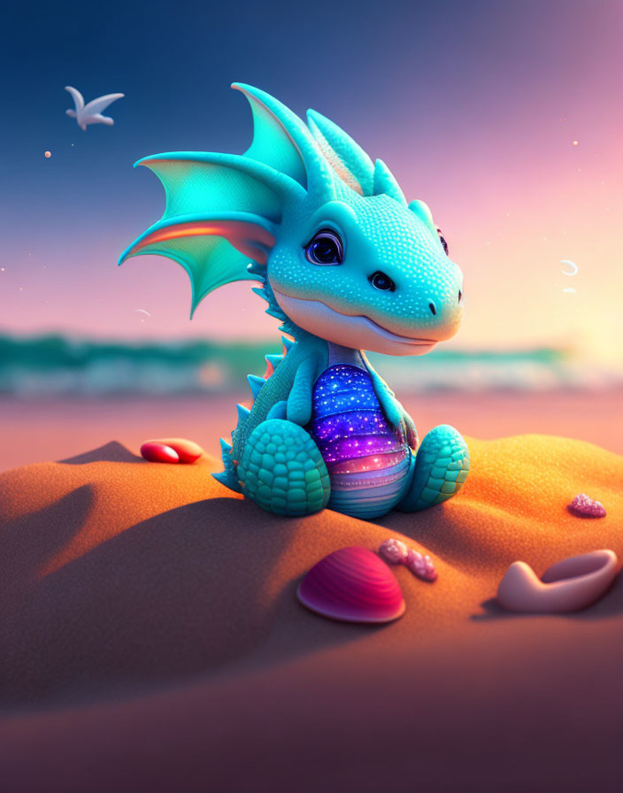 Colorful Blue Dragon on Beach with Galaxy Underbelly at Dusk