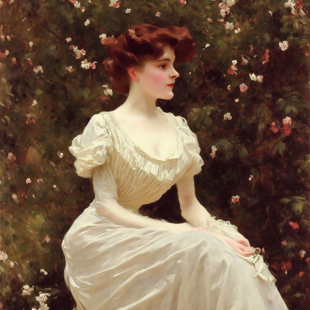 Victorian-era woman in cream off-shoulder dress against floral backdrop