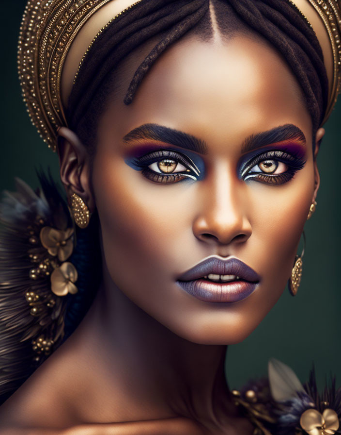 Woman portrait with striking makeup and gold accessories on green backdrop