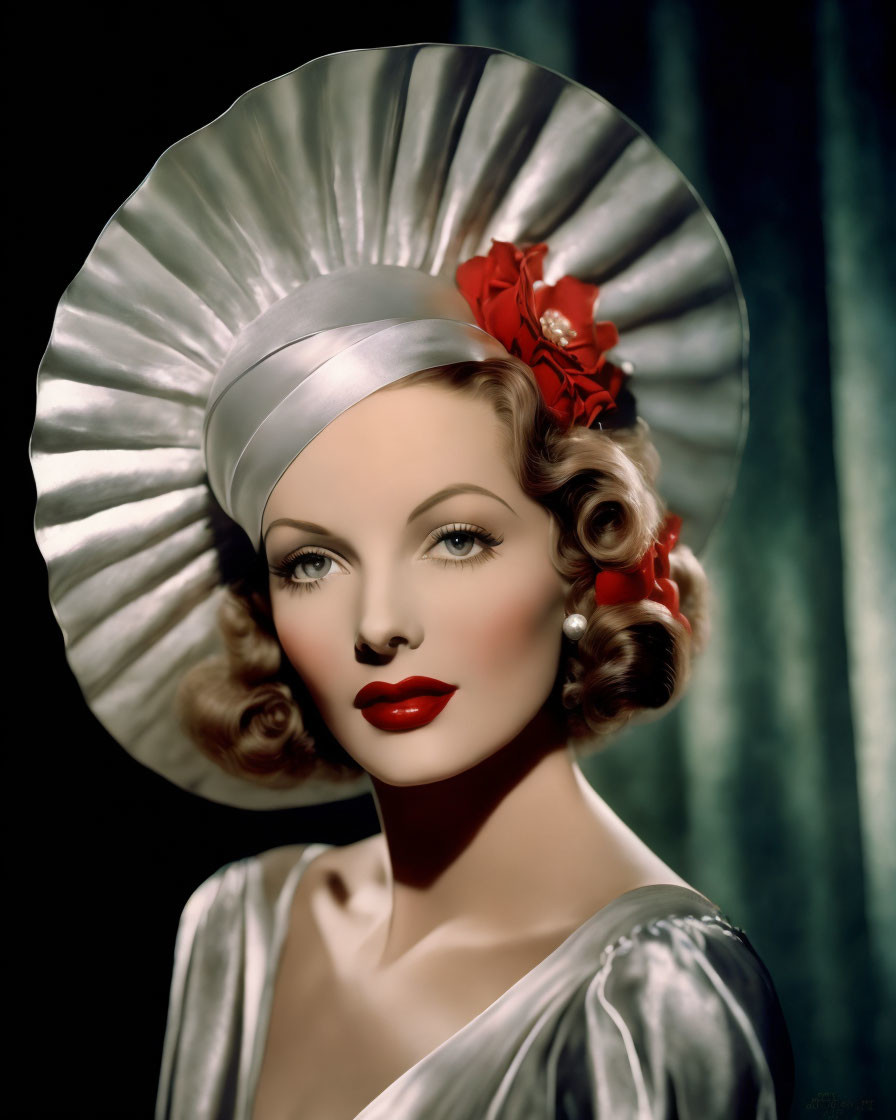 Portrait of woman with silver hat, red flower, styled hair, red lipstick, looking away, green