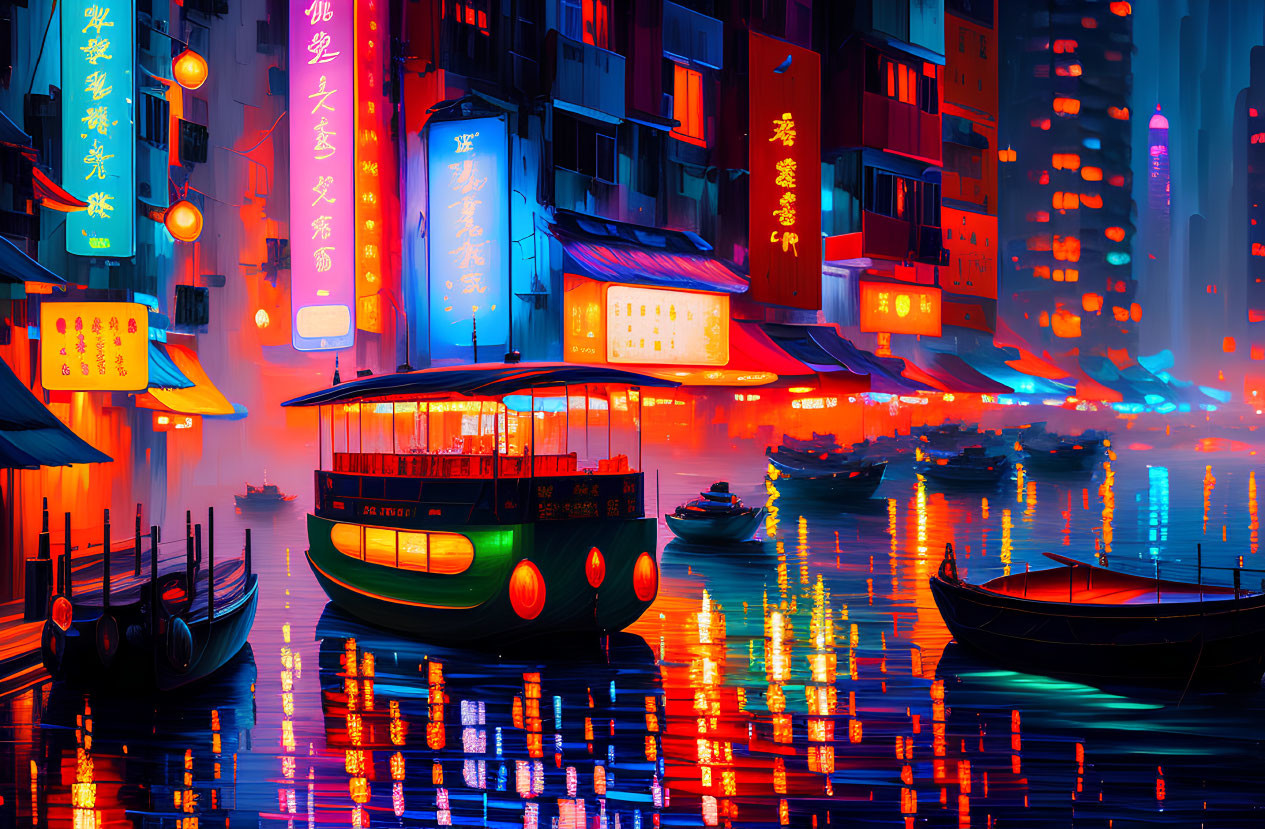 Neon-lit scene with traditional boats and Chinese lanterns on water