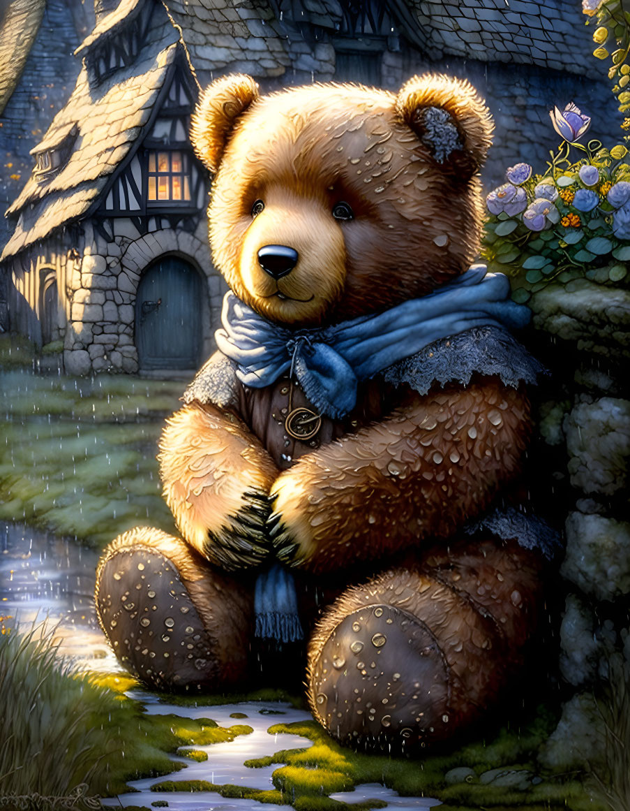 Illustrated bear in scarf by cottage at dusk with flowers and glowing lights