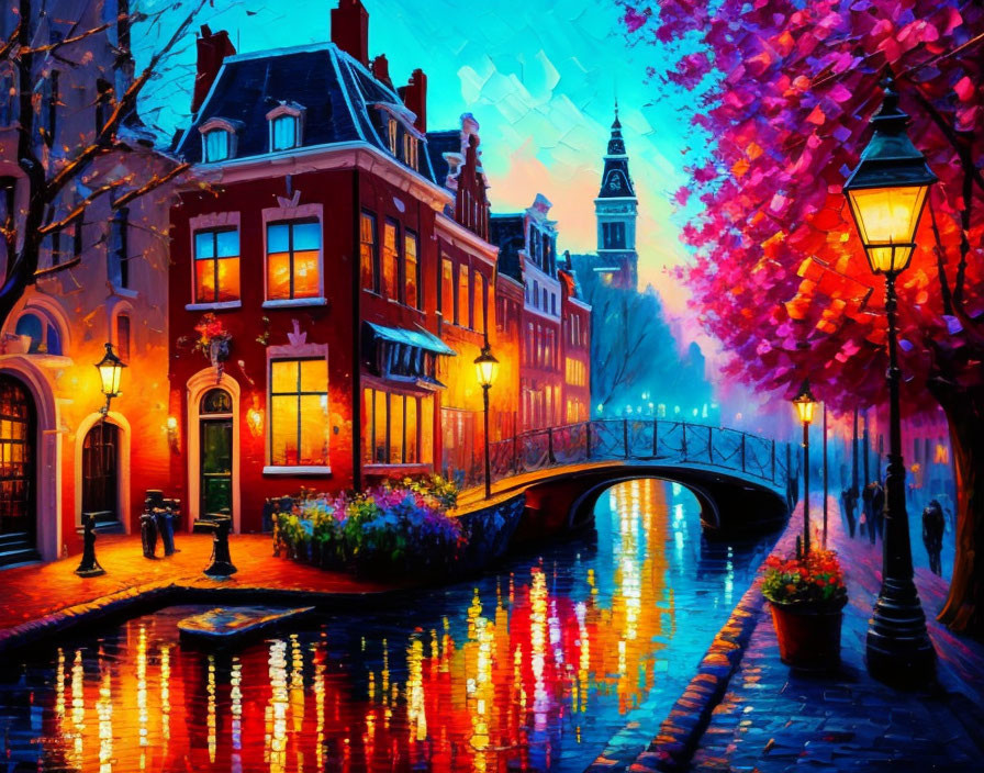 City canal painting at twilight with illuminated buildings, bridge, and cobblestone path.