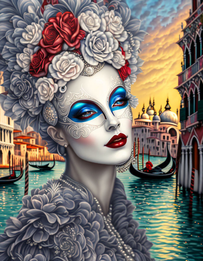 Woman with white and red headwear and carnival mask in Venetian setting.