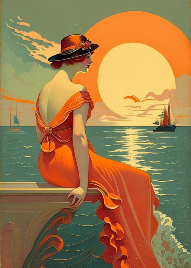 Art Deco Style Woman in Red Dress by Sea at Sunset