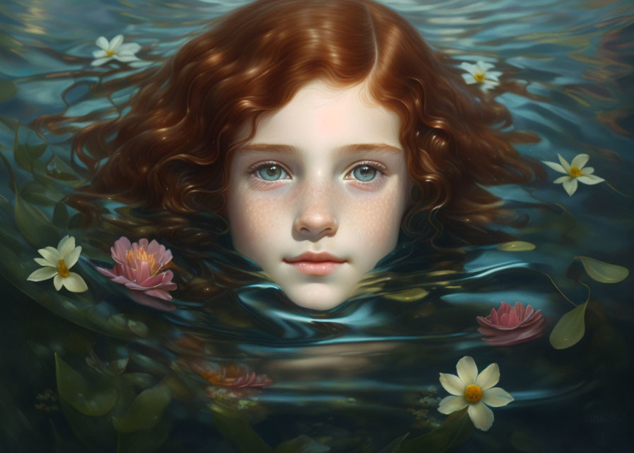 Portrait of a Young Girl with Auburn Hair in Water with Flowers