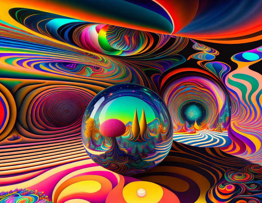 Colorful Psychedelic Digital Art with Reflective Sphere & Abstract Landscapes