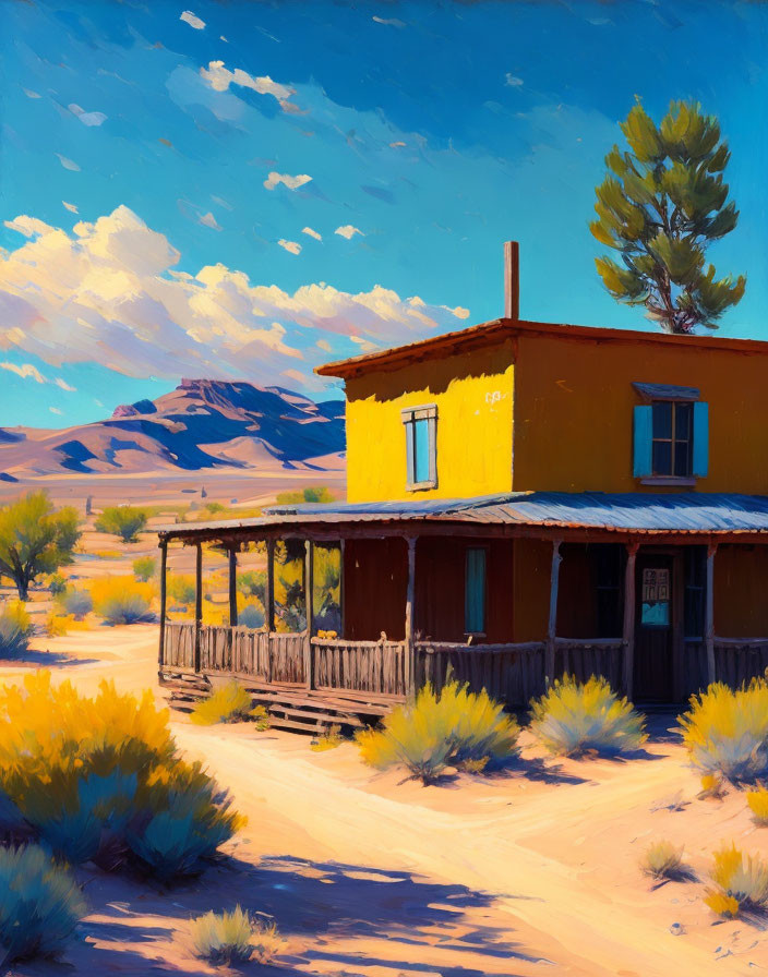 Yellow House with Porch in Desert Landscape and Mountain Sky