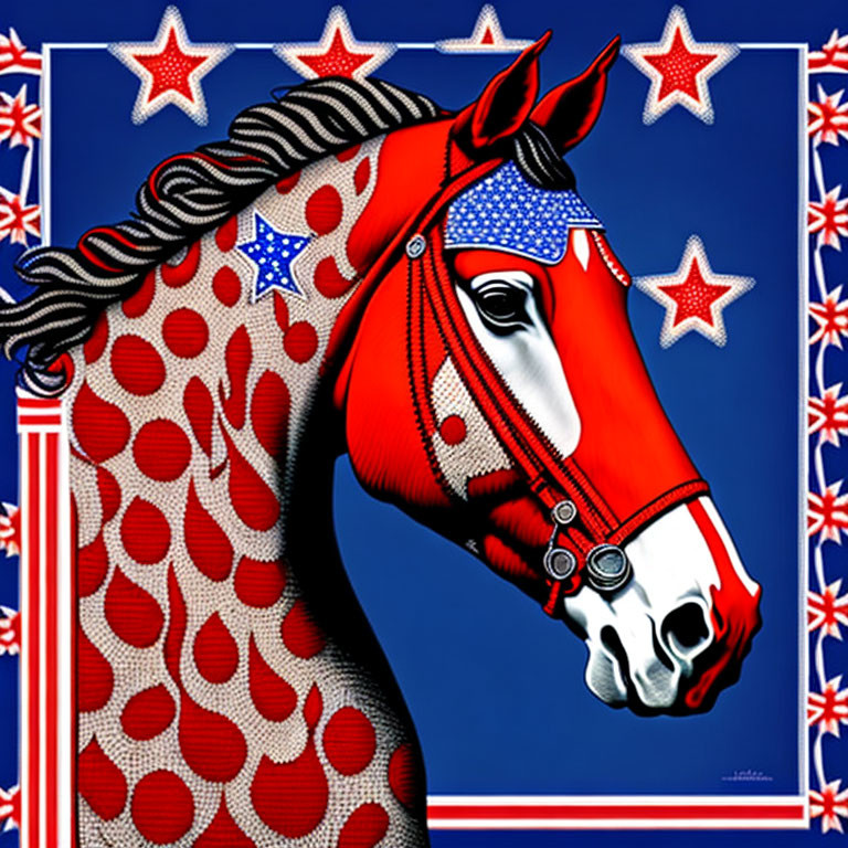 Stylized red horse in polka dot pattern on blue starred background