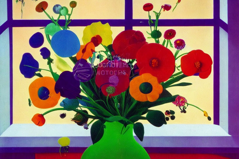 Colorful Painting: Vibrant Bouquet in Green Vase on Windowsill