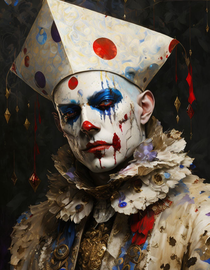 Harlequin costume with white face paint and conical hat