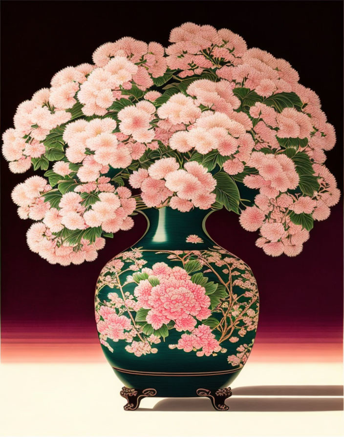 Green vase with pink floral designs and pink chrysanthemums on dark background