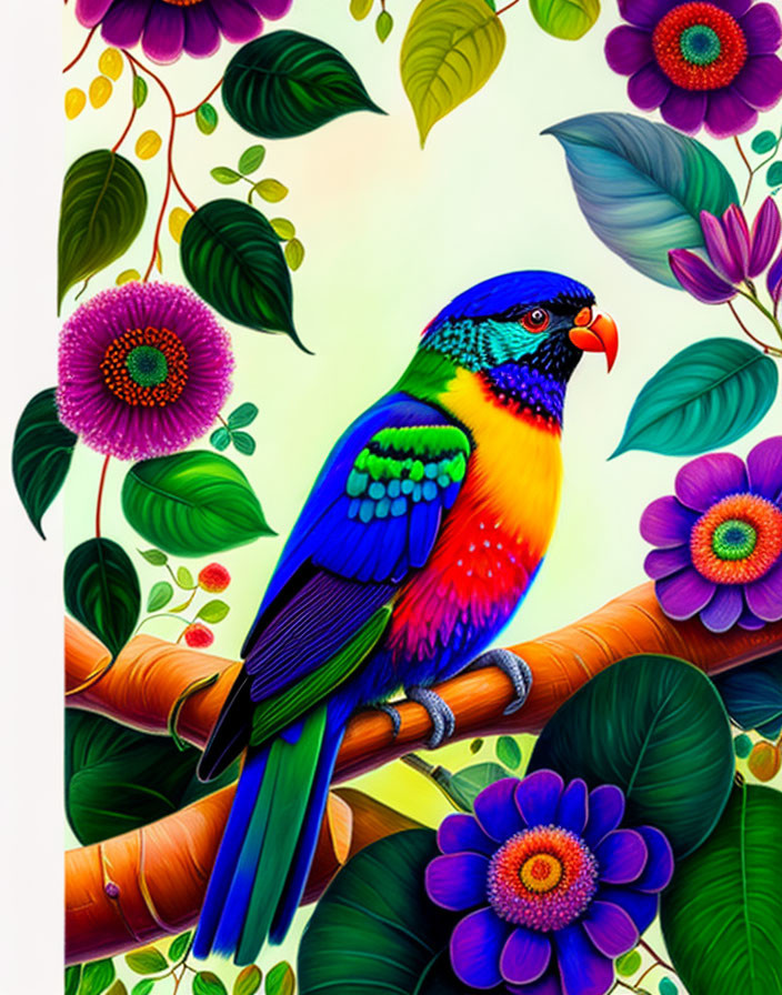 Colorful Parrot Perched on Branch Among Flowers and Foliage