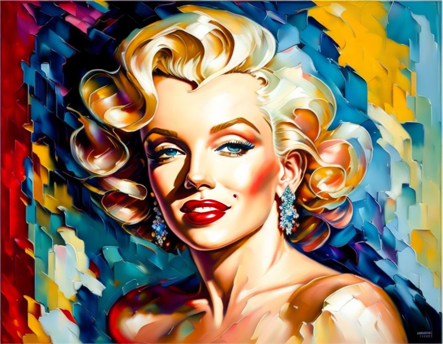 Vibrant portrait of smiling woman with blonde curly hair and red lipstick