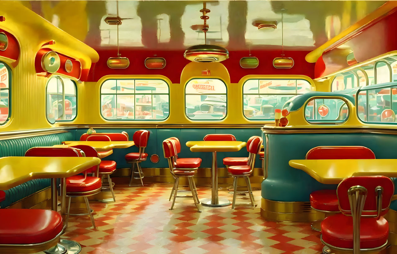 Vintage Retro Diner Interior with Red and Blue Booths