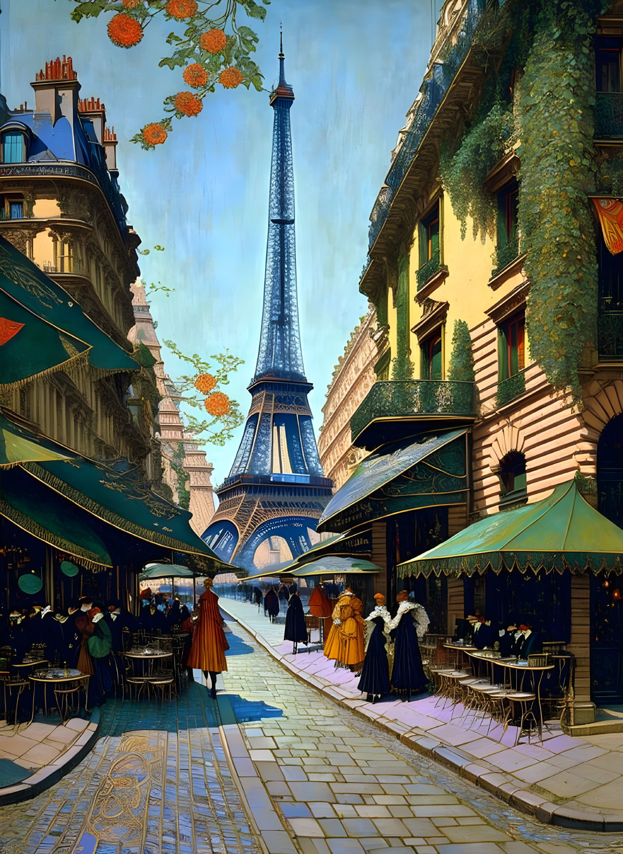 Colorful Parisian Street Scene with Eiffel Tower in Background