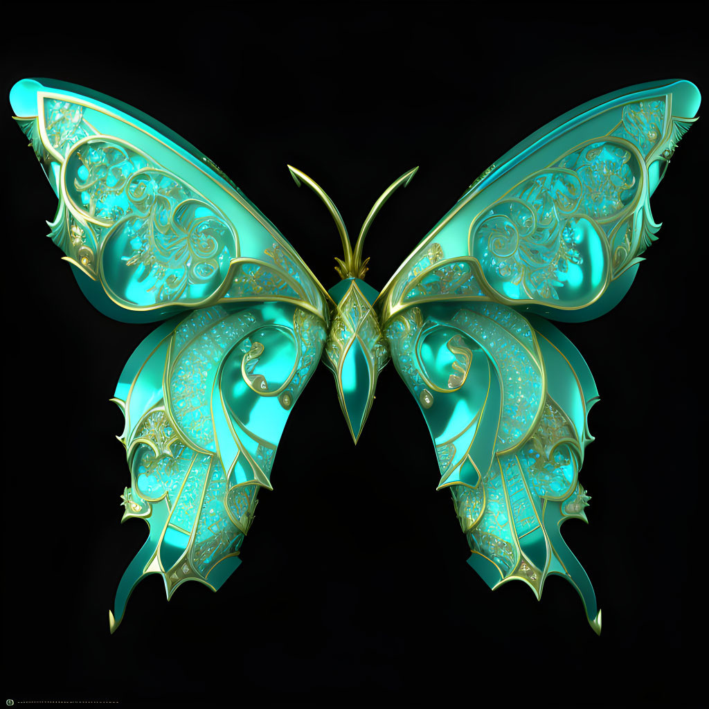 Intricate Turquoise and Gold Butterfly Design on Black Background