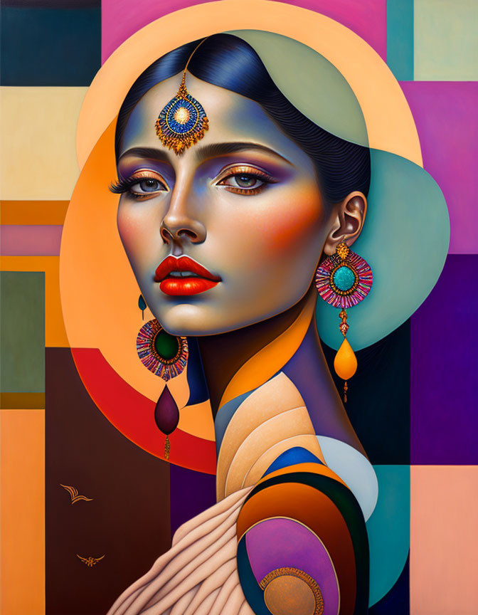 Vibrant portrait of a stylized woman with bold makeup and ornate jewelry