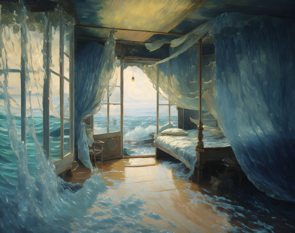 Surreal bedroom with water walls and ocean view