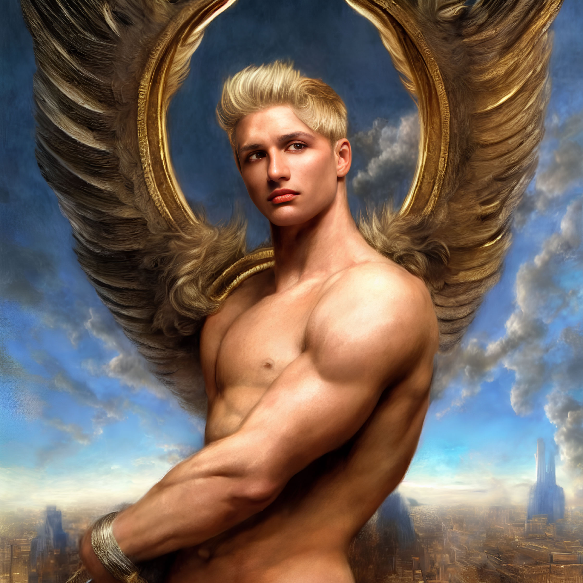 Blond Angelic Man with Muscles and Wings Over Cityscape