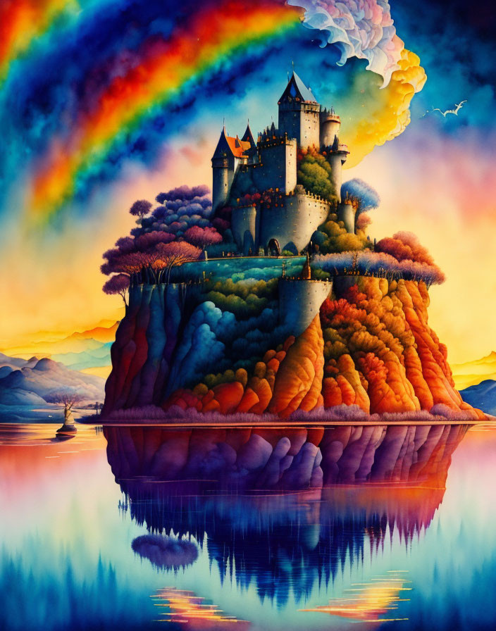 Fantasy castle on cliff with autumn trees and rainbow.