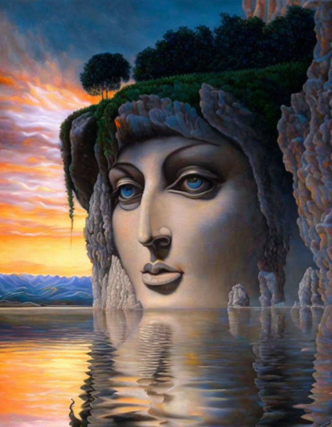 Surreal painting of woman's face merging with landscape at sunset