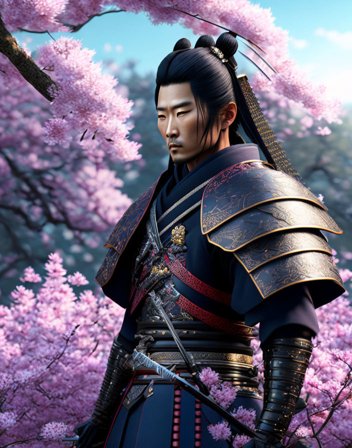 Samurai in ornate armor surrounded by cherry blossoms