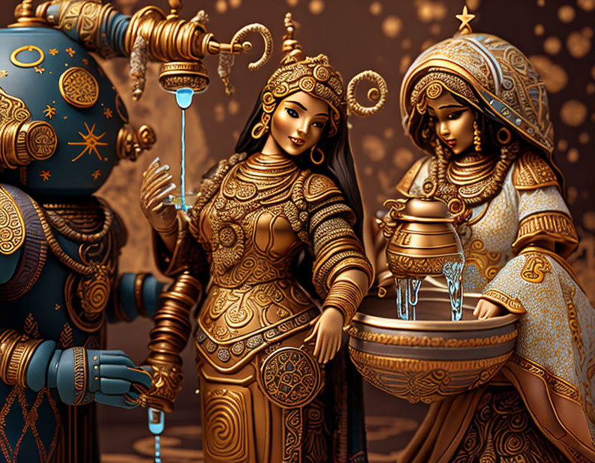 Detailed illustration of ornate robotic figures in golden ensemble